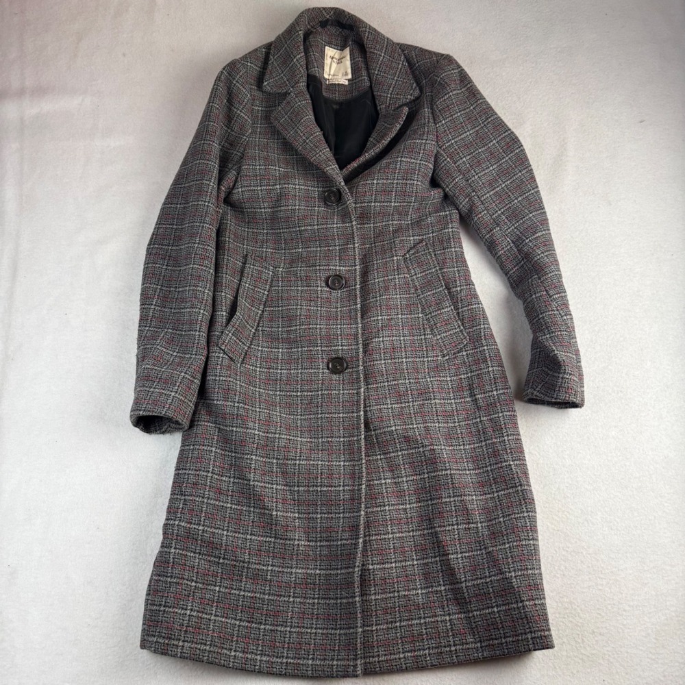 Abercrombie & Fitch Dad Coat Grey Red Plaid Limited Edition XS Wool Blend